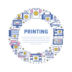 Poster - Printing house circle poster with flat line icons. Print shop equipment - printer, scanner, offset machine, plotter, brochure, rubber stamp. Polygraphy office signs, typography.
