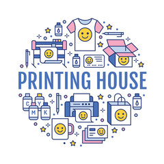 Poster - Printing house circle poster with flat line icons. Print shop equipment - printer, scanner, offset machine, plotter, brochure, cmyk, rubber stamp. Polygraphy office signs, typography.
