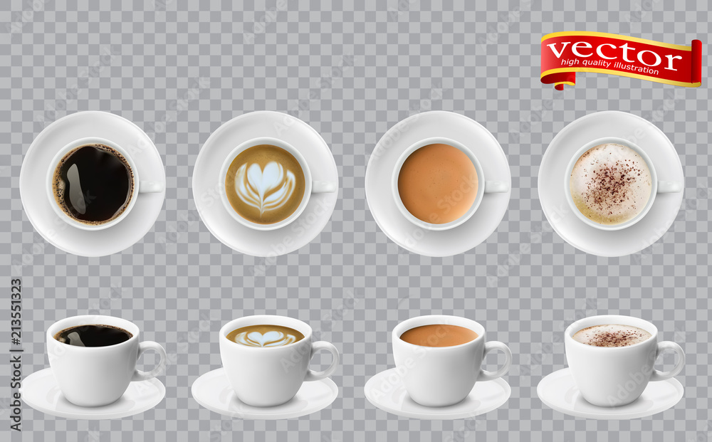 3d realistic different sorts of coffee in white cups view from the top and side. Cappuccino latte americano espresso cocoa - obrazy, fototapety, plakaty 