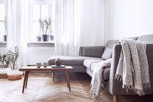 Stylish Scandinavian Interior Of Living Room With Small Design Table And Sofa. White Walls, Plants On The Windowsill. Brown Wooden Parquet.