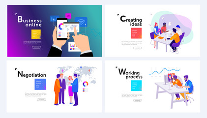 set of modern vector illustrations in isometrics for design: workflow, creation of ideas, online business, leaders meeting