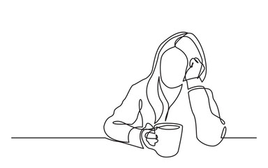 Poster - continuous line drawing of sitting dreaming woman with cup of tea