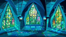 Ballroom Or Palace Vector Illustration Of Royal Gothic Hall At Night With Stained Glass Windows And Moon Light Reflection On Floor. Cartoon Ball Room Or King Apartment And Museum Interior Background