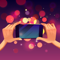 Fototapete - Vector cartoon illustration of human hand holding smartphone. Template, mock up for mobile app or advertisment. Screen of electronic device, smart phone for poster, banner.