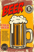 Beer Poster In Retro Style. Beer Objects On Grunge Background. Design Element For Card, Flyer, Banner, Print, Menu.