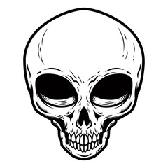 Illustration of alien skull isolated on white background. Design element for poster, card, banner, t shirt.