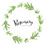 Fototapeta Sypialnia - Herb and spice frame with branch of green rosemary leaves on white background template. Vector set of element for advertising, packaging design of condiment products.