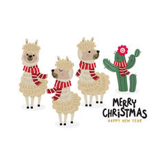 Wall Mural - Merry Christmas greeting card with cute alpaca wear red scarf. Animal wildlife cartoon character.