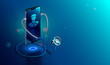 © AndSus - Doctor online concept. Icon Doctor through the phone screen using stethoscope checks health. Online medical clinic communication with patient. Vector isometric illustration.