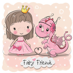 Sticker - Cute Cartoon fairy tale Princess and Dragon