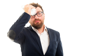 Wall Mural - Portrait of business man cooling with bottle of water gesture.