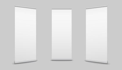 Wall Mural - creative vector illustration of empty roll up banners with paper canvas texture isolated on transpar