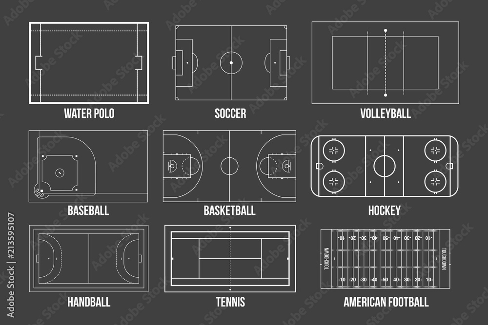 Creative vector illustration of sport game fields marking isolated on background. Graphic element for handball, tennis, american football, soccer, baseball, basketball, hockey, water polo, volleyball - obrazy, fototapety, plakaty 