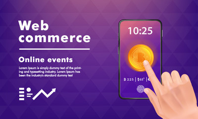 Poster - Crypto online commerce. Mining bitcoin technology on autonomic computing program and trade platform. Trendy design in awesome really style.