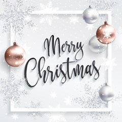 merry christmas square card with silver sequins and rose gold xmas balls. xmas calligraphic inscript