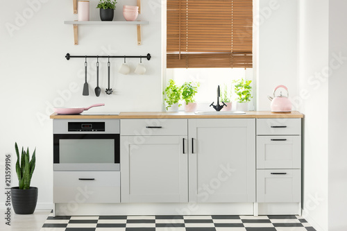 Real Photo Of A Kitchen Interior With White Cupboards Pink Real Photo Of A Kitchen Interior With White Cupboards Pink Accessories Plants And Window Blinds