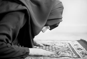 Wall Mural - Muslim woman praying in Sujud posture