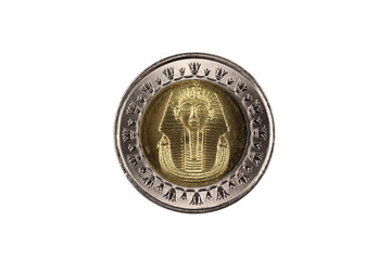 A macro image of a one pound coin from Egypt isolated on a white background