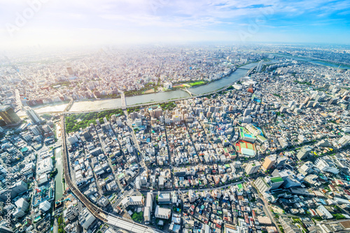 Plakat Azja Biznesowy pojęcie dla nieruchomości i korporacyjnej budowy - panoramicznego nowożytnego miasta miastowy linii horyzontu ptasiego oka widok z lotu ptaka pod słońcem &amp; niebieskim niebem w Tokio, Japonia