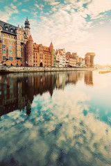 Old building in Old Town, Gdansk, and Motlawa river