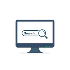 Fototapete - Web search bar on computer monitor vector flat illustration. Computer with open browser window and magnifying glass. Web search concept