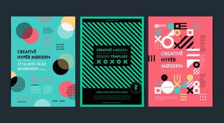 Set of Flyer templates with geometric shapes and patterns, 80s memphis geometric style. Vector illustrations.