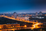 Fototapeta Miasto - Minsk, Belarus. Top View Cityscape In Bright Blue Hour Evening