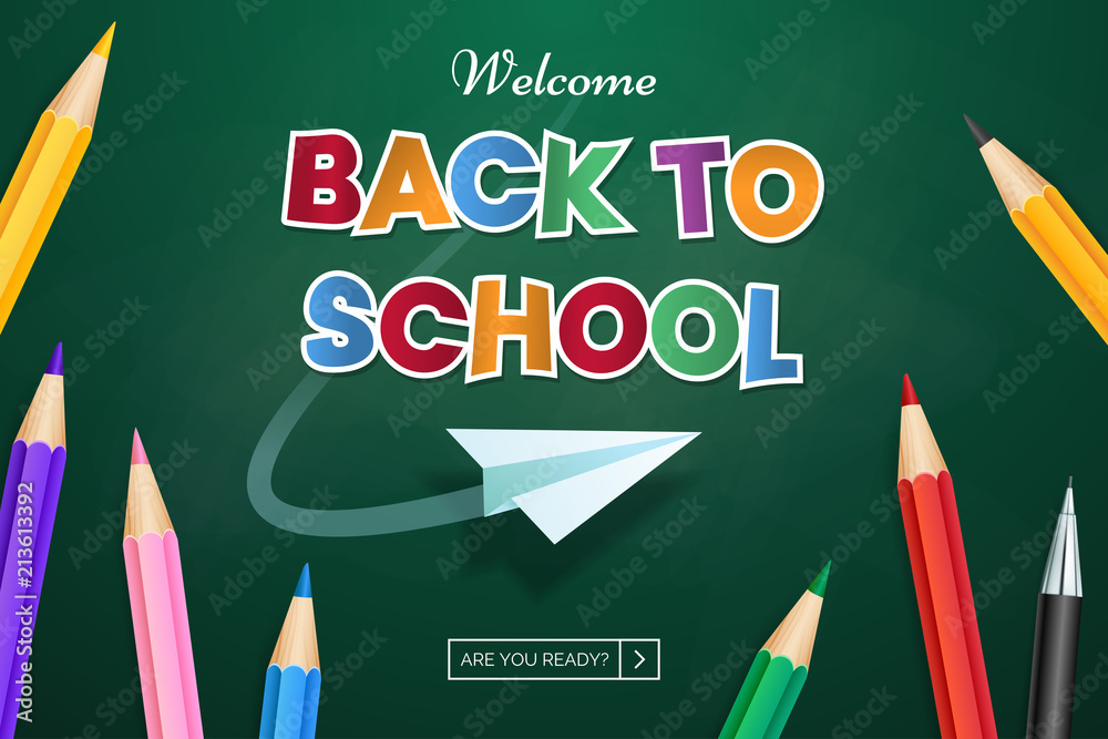 Back to school web banner design. Vector green chalkboard background ...