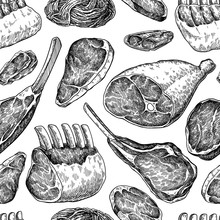 Raw Meat Seamless Pattern. Vector Drawing. Hand Drawn Beef Steak
