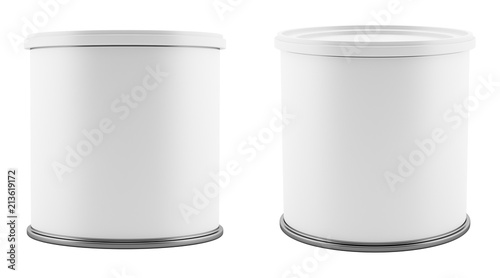 Fotomural blank metal tin can with white plastic lid isolated on white background