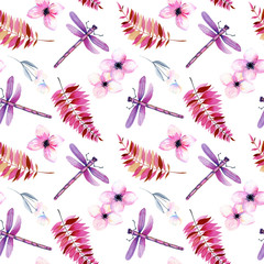 Wall Mural - Seamless pattern with watercolor purple dragonflies, pink flowers and branches, hand painted on a white background