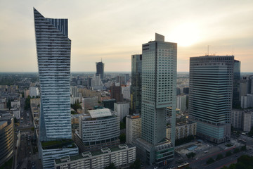 Canvas Print - View from above and urban skyline  at sunset in Warsaw , Poland.