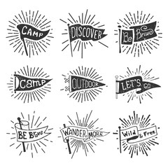 Wall Mural - Set of adventure, outdoors, camping pennants. Retro monochrome labels with light rays. Hand drawn wanderlust style. Pennant travel flags design