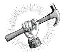 Hand Holding Hammer Illustration Vintage Clip Art For Carpenter Logo Isolated On White Background