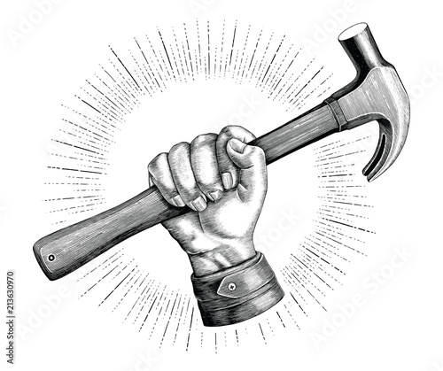 Hand holding hammer illustration vintage clip art for carpenter logo isolated on Tableau sur Toile