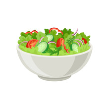 Fresh Vegetable Salad In Gray Ceramic Bowl. Fresh And Healthy Food. Vegetarian Nutrition. Flat Vector For Cafe Or Restaurant Menu