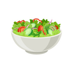 Wall Mural - Fresh vegetable salad in gray ceramic bowl. Fresh and healthy food. Vegetarian nutrition. Flat vector for cafe or restaurant menu