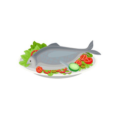 Poster - Cooked fish with raw vegetables. Healthy nutrition. Delicious dish for dinner. Seafood theme. Flat vector for menu or recipe book