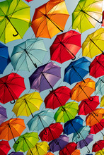 Multicolored Umbrellas Against The Sky, Street Decorated