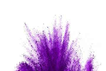 Wall Mural - Abstract violet powder explosion on white background. abstract colored powder splatted on white background, Freeze motion of pink powder exploding.