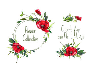 Wall Mural - Set with illustration of red poppies' flowers. Round frame and small bouquets for decoration and your design. Markers' and watercolor's art.