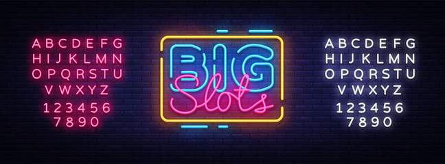 Wall Mural - Big Slots sign vector design template. Casino neon logo, light banner design element colorful modern design trend, night bright advertising, bright sign. Vector. Editing text neon sign