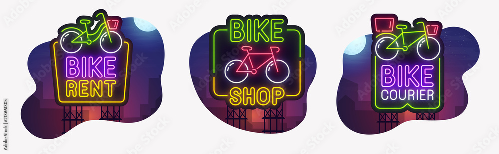 Big set neon billboard, theme bike. Rent Bike neon sign, isolated ...