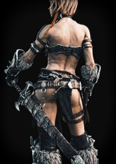 Wall Mural - Rear view of an armed female warrior on a black background. 3d rendering