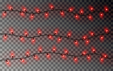 Christmas red lights string. Transparent effect decoration isolated on dark background. Realistic Ch