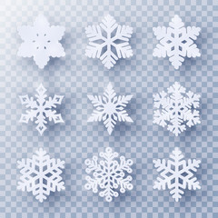 Wall Mural - vector set of 9 white christmas paper cut snowflakes with shadow on transparent background. new year