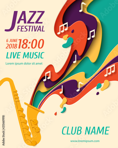 Dekoracja na wymiar  jazz-festival-plakat-w-stylu-wycinanym-z-papieru-muzycznego-na-festiwal-jazzowy-lub-nocna-impreze-bluesowa-w-stylu-retro-z
