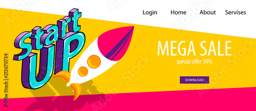 Isometric Startup Banner Business Flat Rocket Site Background