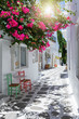 Gasse mit bunten Bougainvillea Blumen, weißen Häusern und farbigen Stühlen in Parikia, Paros, Kykladen, Griechenland