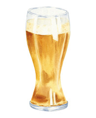 Hand drawn watercolor glass of beer, realistic illustration isolated on white background. Drink drawing.